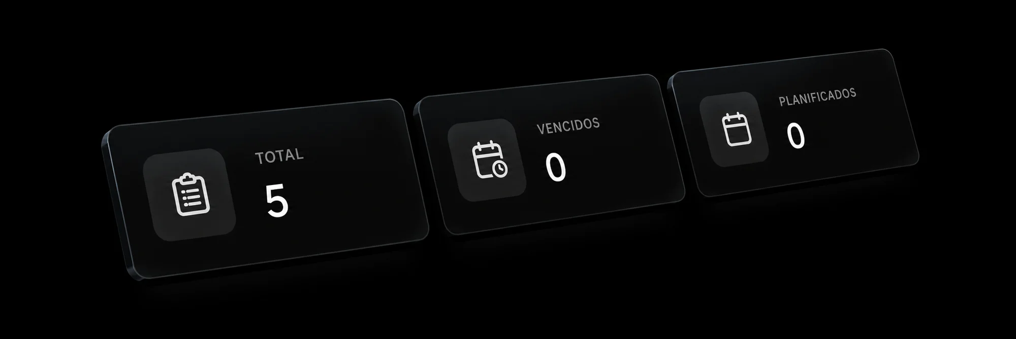 KPIs del dashboard: total, vencidos, planificados y sin planificar